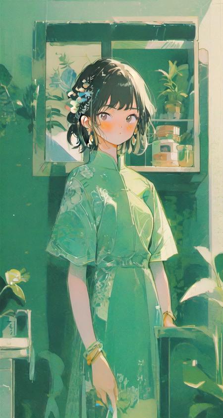 1girl, plant, solo, jewelry, earrings, potted plant, black hair, dress, looking at viewer, short sleeves, bangs, blush, brown eyes, floral print, indoors, bracelet, standing, shelf, short hair, hair ornament, print dress, nail polish, blue dress, medium hair, braid, chinese clothes, closed mouth <lora:oldtime:1>