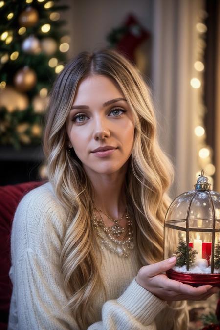 photo of (EPSt3phL33-360:0.99), a woman, perfect blonde hair, perfect makeup, posing, (selfie photo, Christmas outfit), ((Christmas Eve)), (Christmas inspired snow globes), (attending a christmas eve church service  in background:1.2), (victorian christmas, santa claus, christmas village,eggnog, grateful and thankful,tranquil and serene, moroccan lighting, cozy living rooms with a crackling fireplace:1.1), (closeup portrait), necklace, stud earrings, 24mm, (Instagram Smartphone Filters), (cinematic, film grain:1.3), ((brilliant colour, gradient)), ((detailed eyes)), smiling, (epicPhoto)