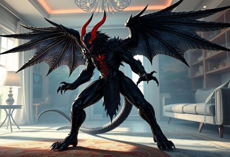 Design a Tekken character concept, specifically a divine demogorgon with wings, placed in a living room setting. Incorporate lifelike details, full-body anatomy, and pitch-black skin. Draw inspiration from Vergil and the Final Fantasy X universe. The design should be reminiscent of a gigapixel photo, with an uplight effect, and feature insanely detailed and intricate elements. Imagine this character as an apex legends character. The style should evoke the artistic influences of Android Jones, Greg Rutkowski, and Loish, with a hint of Laura Sava's flair, as if trending on Artstation. The character's personality should exude a politely cocky demeanor.