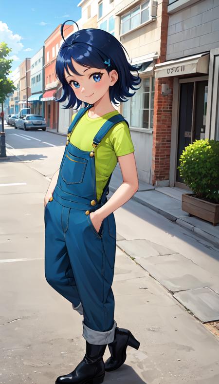 senoo aiko, blue hair, blue eyes, short hair, ahoge, flat chest, smile, shirt, green shirt, overalls, style parody, boots senoo aiko, blue hair, blue eyes, short hair, ahoge, flat chest, smile, gloves, hat, dress, jewelry, earrings, bracelet, witch hat, blue headwear, collarbone, official style