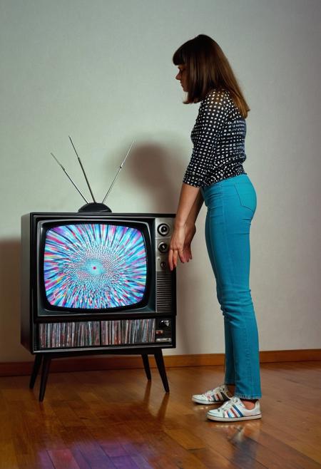 A young woman standing, bowing and smacking (an open retro TV with bright noise pattern playing on the screen) in a room made of cd's.