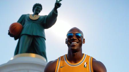 painting portrait of a young michael jordan  (the goat) wearing sunglasses, (standing in front of a statue of himself smiling and holding a basketball, solid gold:1.6), smoking cigar, (holding up peace sign with hand:1.6), (full body shot:1.5), sharp focus, trending on ArtStation, lifelike, insanely detailed, masterpiece, by Greg Rutkowski, by Ross Tran, by Fenghua Zhong, octane, clear eyes, soft render, clear facial features, oil on canvas, moody lighting, cinematic, professional environment concept art
