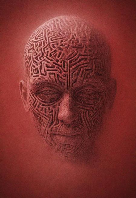 white dust in the air creating a almost hollow silhouette shaped like a human head, (large maze tattoo: 1.3), a red background,  highest resolution, 8k, best quality, rim light