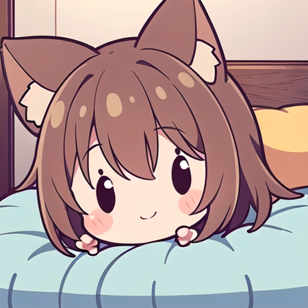 <lora:hotarueye_comic14_v100:1>, 1girl, (chibi:1.4), smile, closed mouth, upper body, lying on bed, animal ear, brown hair, indoors