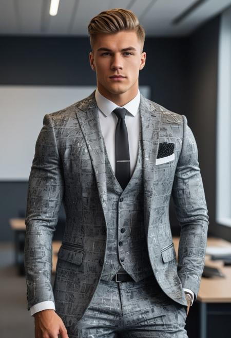 a strong 22-year-old german hunk bodybuilder male, with a fringe up undercut hairstyle, detailed face, mindless expression,  wearing a dark-gray suit with silver patterns, wearing pants,  on a modern office, standing at attention pose, looking at viewer, portrait, photography, detailed skin, realistic, photo-realistic, 8k, highly detailed, full length frame, High detail RAW color art, diffused soft lighting, shallow depth of field, sharp focus, hyperrealism, cinematic lighting