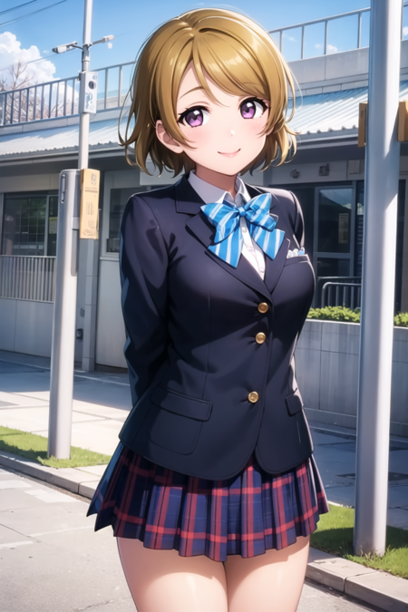 (masterpiece, best quality, ultra-detailed), (illustration), (beautiful detailed eyes), (1girl), (solo), koizumi hanayo, short hair, brown hair, purple eyes,  <lora:HanayoLL_v1:0.5>, looking at viewer, skirt, bow, school uniform,jacket, blue bow, blazer, winter uniform, otonokizaka school uniform, outdoors, smile, arms behind back,