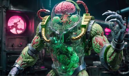 a photograph of (mutagen man) made out of metal and glass, (large human arms, ooze leaking out of transparent casing), clear metallic robot with blob like and a real brain in a vat in the middle, analog photo, RAW photo, subject, 8k uhd, dslr, dark scene, high quality, Fujifilm , sharp image