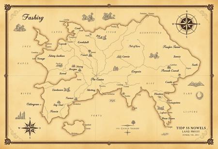 Elegant map of a vast fantasy world with an old, vintage feel. Minimalist design, aged parchment texture, delicate borders. Elegant calligraphy for labels, classic cartography style. Text written in a mysterious alphabet script. Smooth coastlines, rivers, hills, mountains and forests. Small towns, castles, and ports marked with basic icons. Intricate compass rose, subtle grid lines. Muted colors, sepia tones, and faded ink for an ancient, timeworn appearance. Map exudes an air of history and elegance, like an artifact from a forgotten era.