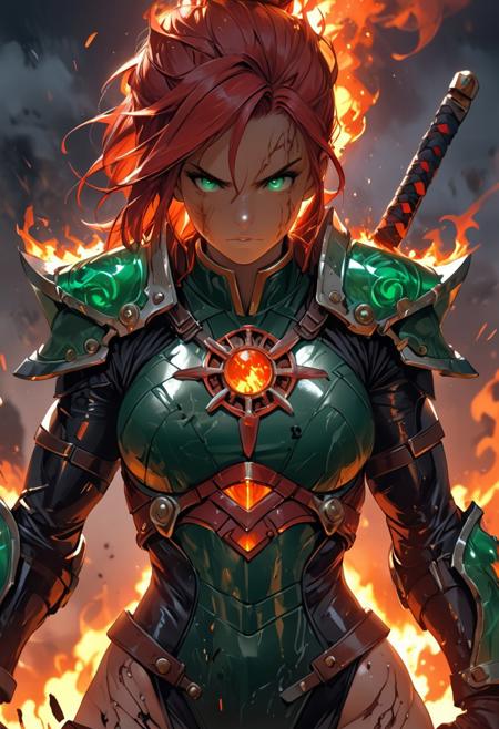 YFG-Sm0rg, YFG-Zaat, Masterpiece, hyper-detailed HD8K concept art of a fierce warrior woman in a close-up shot, wearing a tight leather bodysuit that highlights her toned physique. The bodysuit's design emphasizes her cameltoe, adding a bold and erotic touch. Her fiery red hair is tied back, and her emerald eyes burn with intensity. Sweat glistens on her skin as she stands victorious on a battlefield, her sword dripping with blood. The background is a chaotic mix of smoke and fire, contrasting with her confident, sensual stance. The artwork captures her strength and allure in equal measure.