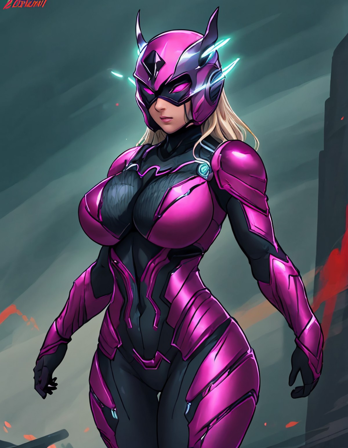 superhero suit,  woman,  armor, armor, blood, glowing, glowing eyes, helmet,  pink eyes, shoulder armor, standing  <lora:S...