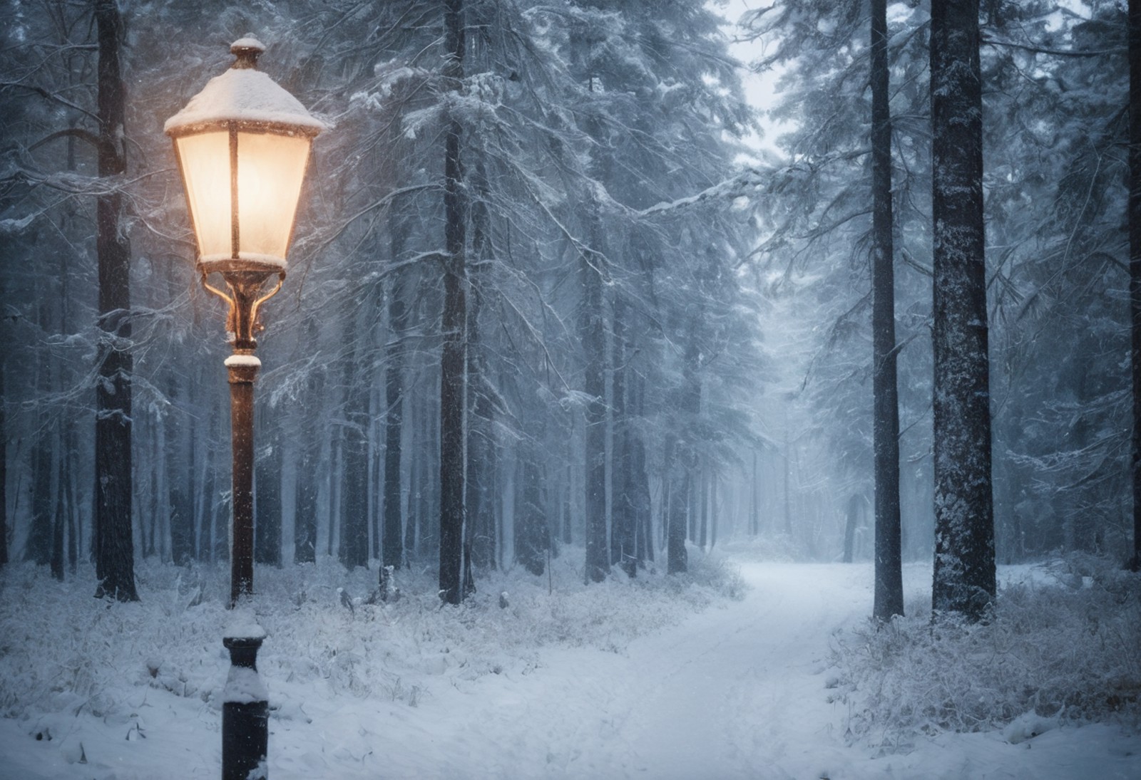 A magical photograph of a snowy forest scene inspired by C.S. Lewis, reminiscent of "The Chronicles of Narnia." Soft snow,...
