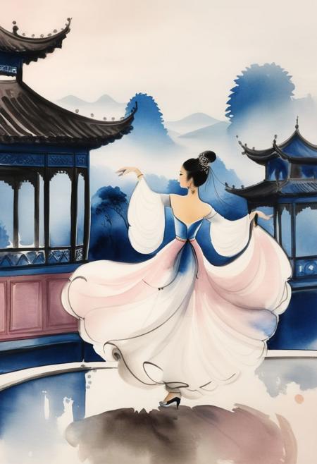 ink painting, a dancing lady in palace, landscape background