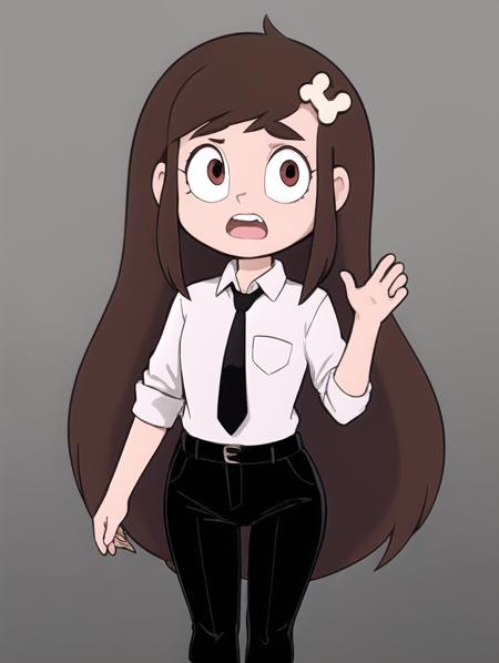 1girl, mariposa diaz, very long hair, brown hair, bone hair ornament, open mouth, white shirt, black necktie, black pants,