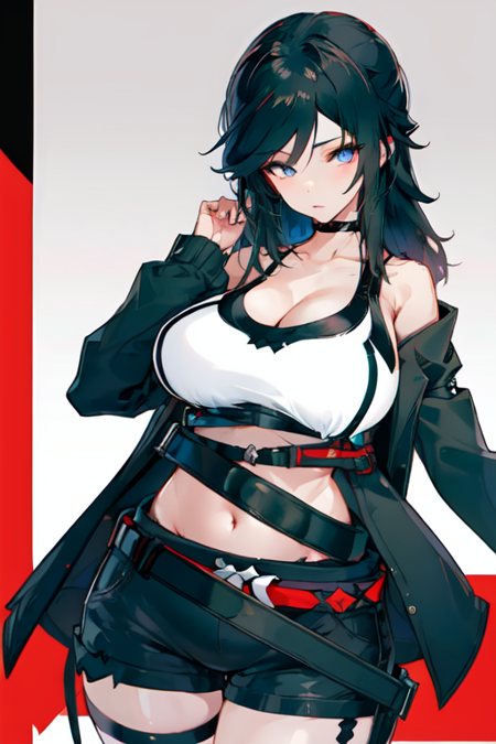 Astred, black hair, black jacket, bare shoulders, white sports bra, midriff, black shorts, belt, black legwear, thigh strap