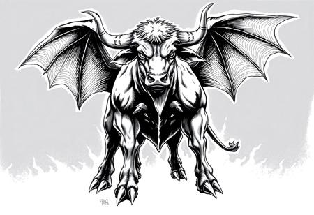 fantasy, ink art, comic style art, bull is standing with four feet, feet has 3 claws, bat wings, muscular