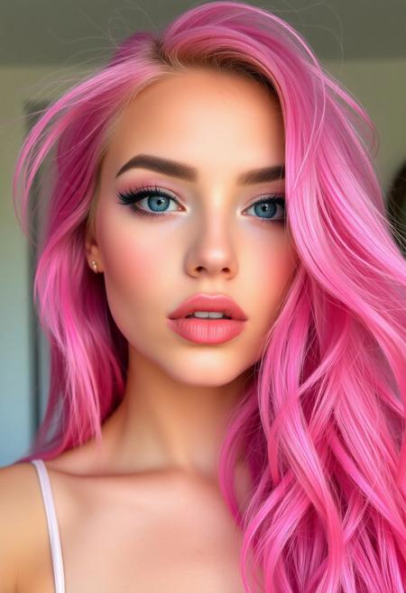 pink haired, maximal makeup, lip bite, blush