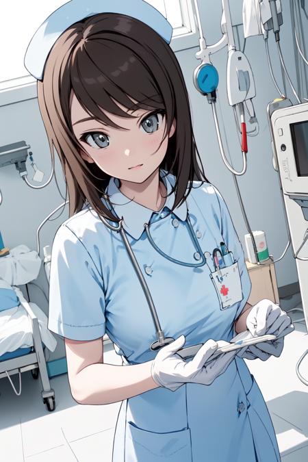 (RAW photo, best quality), wide angle photo, masterpiece, 1girl,  natural lighting
hospital, operating room, surgical gloves, 
(((White))) nurse uniform smooth, nurse, nurse hat, stethoscope  <lora:NurseUniform0_1:0.8>,
<lora:girls_und_panzer_mika_v1_2-000004:1>, mika (girls und panzer),