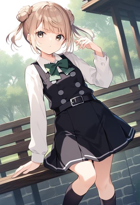 michishio-kc, double bun, light brown hair, short twintails, grey eyes michishiodef-kc, suspender skirt, grey skirt, collared shirt, green bow, short sleeves, pleated skirt, black socks, black loafers michishiokai2-kc, pinafore dress, black dress, white shirt, collared shirt, green bow, long sleeves, black belt, buckle, double-breasted, skirt, pleated skirt, miniskirt, black socks, black loafers michishioatutumn-kc, track_jacket, head scarf, red jacket, black apron, green armband, track pants, white shoes michishiodress-kc, checkered_clothes, blouse, short sleeves, puffy sleeves, green bowtie, plaid bowtie, frills, center frills, multicolored clothes, two-tone dress, petticoat, skirt, white skirt, blue skirt, plaid skirt, frilled skirt, frilled dress,bubble skirt, plaid skirt, white thighhighs, blue thighhighs, striped thighhighs, vertical-striped thighhighs, asymmetrical legwear, vertical stripes