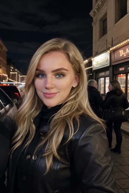 3v4vl44r, portrait, upper body, closeup, blonde girl, perfect face, stunning eyes, looking at viewer, in a stunning red leather jacket, downtown in the city at night, perfect date night