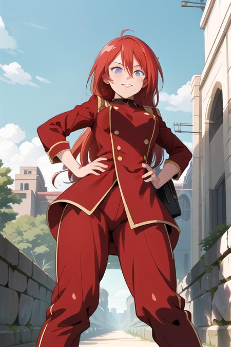 (masterpiece:1.4), high quality, high definition, sharp focus, detailed clothes, detailed body, detailed face, anime, best quality, 4k, 8k, absurd resolution, intricate detail, detailed hands, detailed eyes, animation, illustration, highly detailed, highres, extremely detailed, red hair, long hair, <lora:hyperdenoiser_v090:0.6>, (looking at viewer:1.6), blue eyes,  <lora:perfetfingers:1>, OverallDetail, edgQuality, Earth-QualityPos, BodyPositive, Best_QualityPos, Crouching on the beach, drawing patterns in the sand, lost in creativity., from below, 1girl, breasts, ah1, <lora:hyperrefiner_v090:0.6>,  <lora:Grandis_Granva:1>, makeup, red uniform,hands on hips, evil grin, full body, standing,