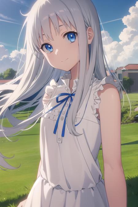 meikohonma, <lora:meiko honma s1-lora-nochekaiser:1>,
meiko honma, long hair, blue eyes, grey hair, smile,
BREAK dress, sleeveless, sleeveless dress,
BREAK outdoors, house, fields, grass, sky, sun, clouds,
BREAK looking at viewer, (cowboy shot:1.5),
BREAK <lyco:GoodHands-beta2:1>, (masterpiece:1.2), best quality, high resolution, unity 8k wallpaper, (illustration:0.8), (beautiful detailed eyes:1.6), extremely detailed face, perfect lighting, extremely detailed CG, (perfect hands, perfect anatomy),