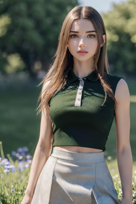 a photo of a stylish S068_SophieXDT, standing in a field, wearing a (poloshirt), and a skirt, (8k, RAW photo, best quality, ultra high res:1.2), (absurdres, intricate, photorealistic, masterpiece, ultra-detailed, Unreal Engine:1.3)