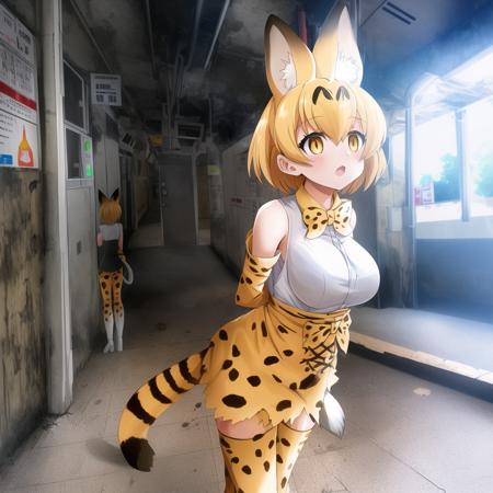 serval (kemono friends), 1girl, cat girl, serval ears, serval print, white sleeveless shirt, yellow bowtie, blonde hair, short hair, bare shoulders, open mouth, white boots, ((solo)), detailed shading, detailed ambient light, in abandoned subway station, large breasts, long gloves