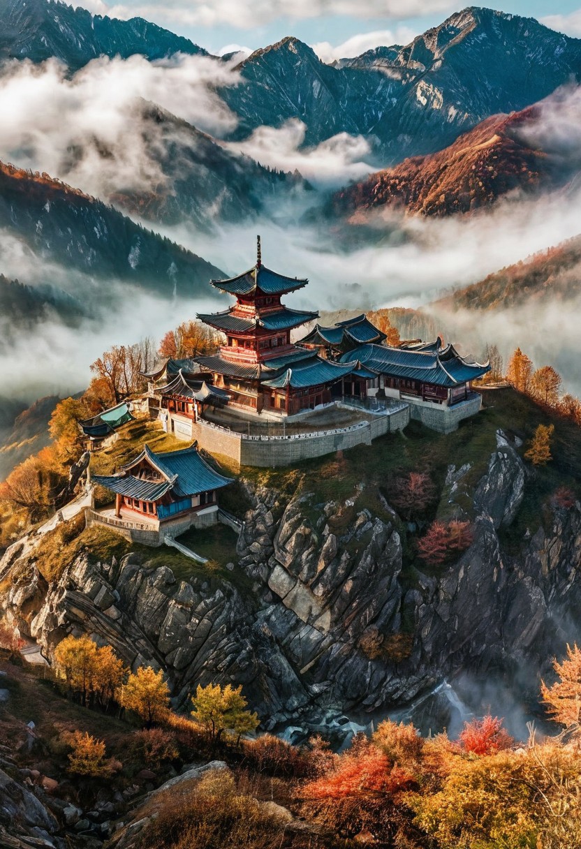 their peaks veiled in mist. mixed media, surrealism, great lighting, A surreal landscape highly detailed . extremely high-resolution details,  appears trapped in an optical illusion of reflections and refractions colorful , mountains and Korean village in Korea, professional photography, natural lighting, volumetric lighting maximalist. intricately detailed, complex, elegant, expansive, fantastical, film photography style,  medium grain