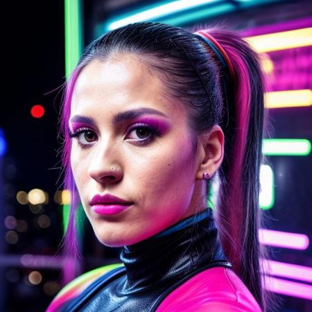 score_9, score_8_up, score_7_up, score_6_up, portrait, beautiful 30 year old milf, colored ponytail, neon lights, cyberpunk, ultra realistic, big lips, (masterpiece, best quality, highres:1.2), (photorealistic:1.2),