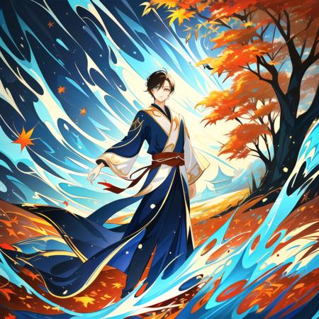 <lora:GenshinSplash-V3:1> splash screen, swirling background, dynamic scene, 1boy, male, young mage, (face, wide-eyed:1.5), elegant ornate robe, magic, fantasy, green_theme, (vines:1.1), (autumn_leaves:1.2)