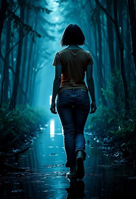 grainy, detailed, dynamic lighting, dark, rain, reflection on water,<lora:Blade Runner 1982:0.8>, curvy girl in jeans and a t shirt with short black hair walking in forest, from behind, bioluminescent details, Shimmering light, thick forest