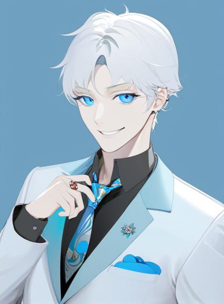 ohisashiburi, solo, blue flower, smile, flower, white pants, male focus, black hair, 1boy, holding, formal, necktie, white background, multicolored hair, rose, blue rose, holding flower, suit, pants, jacket, looking at viewer, short hair, shirt, arm behind back, blue eyes, white jacket, belt, white hair, earrings, simple background, long sleeves, grin, jewelry, eyeshadow, virtual youtuber, cowboy shot, makeup, black shirt