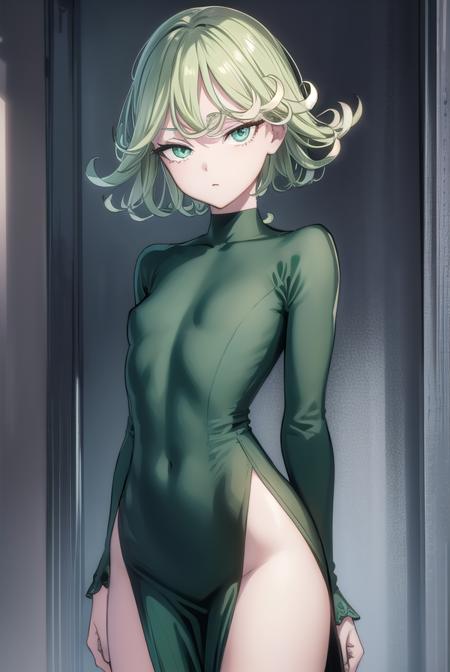 tatsumaki, short hair, curly hair, green hair, (green eyes:1.5), long sleeves, dress,