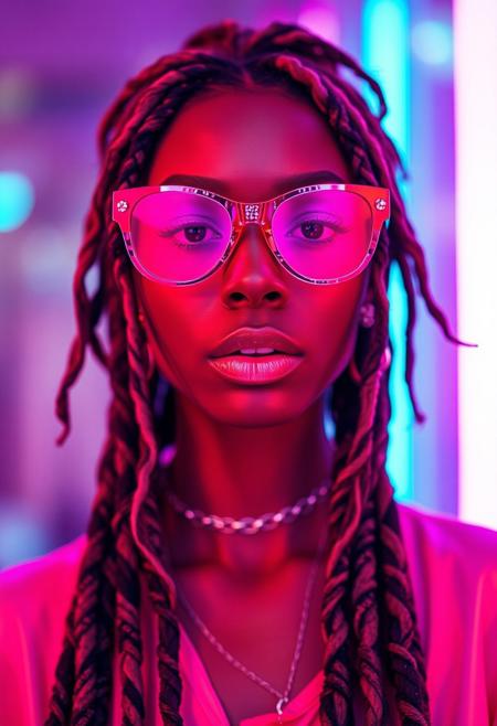 Neon-lit full body, A hyper-realistic long shot of a beauty supermodel sexy honey brown woman face, big lips, stylishly detailed clothing, dreadlocks bathed in neon pink and purple light with glittering particles on her skin, neon sunglasses with glitter textures patterns, fashion magazine style, beautiful background, Use soft colors and a shallow depth of field
