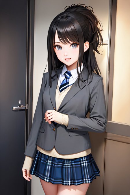 kazano hiori ponytail school uniform grey jacket striped necktie long sleeves blue skirt plaid skirt