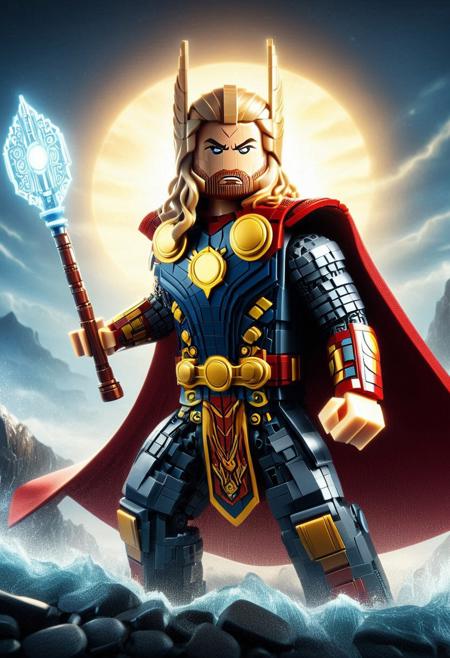 A modern Lego superhero reimagined in a Nordic mythological setting, with flowing Art Nouveau-inspired capes and armor, yet posed in a powerful, high-energy stance straight out of a classic comic book panel.