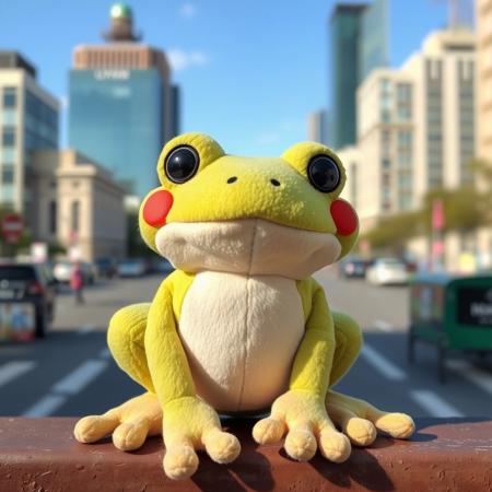 A soft cute stuffed frog named Freddy, the frog is cute, optimistic and spunky, kind eyes, today Freddy finds himself in the city, feeling a little out of place in an unfamiliar area of town, but Freddy is confidant he can own the day