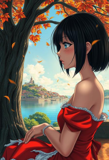 (photorealism:1.5)
Tomie Kawakami from Junji Ito collection,  thoughtful expression, gazing at the majestic tree, falling leaves,  calm coastal village in the background, warm sunlight, vibrant colors, high contrast, hyper-realistic, serene atmosphere, pensive pose, detailed, high-definition, reflective mood, peaceful setting, torn dressm long black hair, blue eyes
slight freckles, long eyelashes, thick eyebrows, torn pelvic sheer curtain, bridal gauntlets, torn red dress
