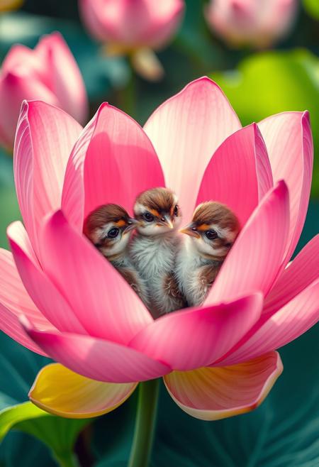 This vibrant painting 
"A close-up, eye-level shot captures three adorable, fluffy sparrow chicks perched delicately within the vibrant pink petals of a fully bloomed lotus flower. The soft, natural light illuminates their soft brown and white feathers, highlighting their curious expressions. Two chicks are nestled close together on the left, while the third sits slightly elevated in the center of the bloom. The rich green of the lotus leaves and a blurred backdrop of additional pink lotus flowers provide a serene and harmonious natural setting, emphasizing the tender interaction between the young birds and their floral sanctuary. The focus is sharp on the birds and the lotus, with a beautiful bokeh effect in the background, creating a peaceful and heartwarming scene."