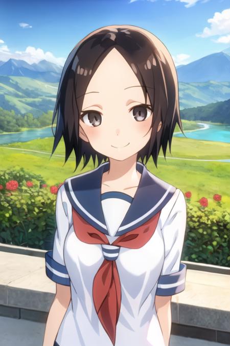 1girl, sanae_tsukimoto, black hair, short hair, black eyes, forehead, school uniform, sailor collar, serafuku,smile,mountain, river  <lora:sanae_tsukimoto:0.7>