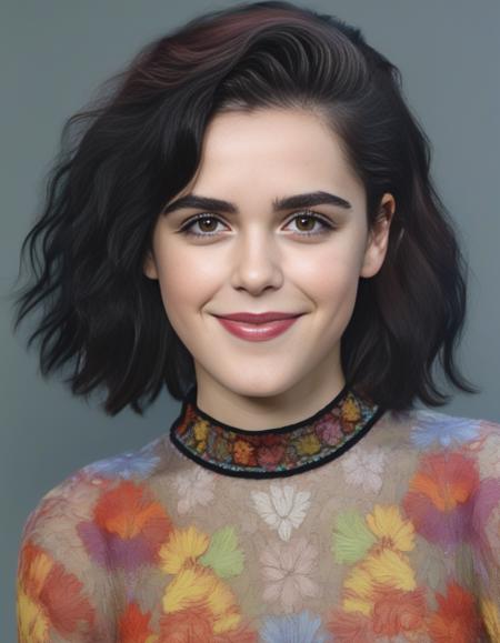 KiernanShipka,<lora:KiernanShipkaSDXL:1>,hires close up photo of woman outdoors, looking looking at camera, smiling, colorful high neck curly black hair, ultra-detailed, photorealistic, intricate details, perfect face, full sharp, detailed face