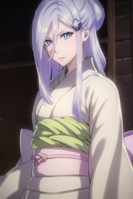 sode no shirayuki, long hair, blue eyes, hair ornament, purple hair, flower, hair flower, light purple hair, japanese clothes, kimono, sash, obi,