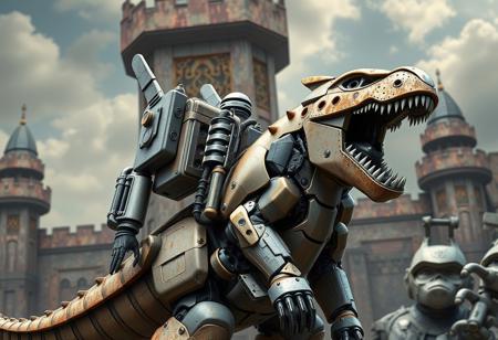 Create a close-up image of a robot standing on an Ancient Gear Castle background from Transformers Beast Wars. The robot should wear a steel exoskeleton backpack and be riding a cyborg raptor. Incorporate elements of cats and a pig into the design, potentially through a cutaway section. The style should be reminiscent of works by Artgerm, Greg Rutkowski, and Alphonse Mucha, with a focus on stunning detail and realism. The final image should be in 8k resolution and suitable for featuring on Amiami. Use Unreal Engine 5 to achieve a polycount and rust aesthetic inspired by Seinfeld.hd,hq