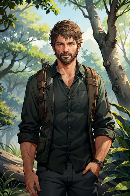 ((masterpiece, best quality))
 <lora:TLOUJoel:0.8>
TLOUJoel, 1boy, solo, brown hair, brown eyes, beard, In a serene, tranquil forest, wearing outdoor gear and enjoying a peaceful nature hike