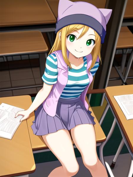 best quality, masterpiece, highres, detailed, perfect anatomy,  <lora:Detail - add_detail:0.2>, orimotoizumi, purple vest, striped shirt, beanie, cat hat,  school, studying, smile, <lora:Izumi-10:0.7>, green eyes, sitting, small breasts, skirt,