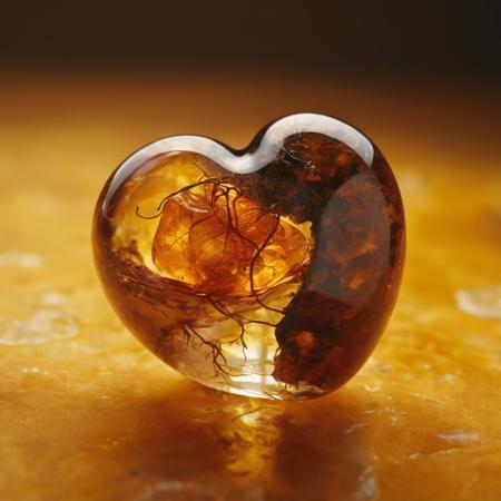 improved cinematic photo, 35mm photograph, film, professional, 4k, highly detailed, An amber fragment enclosing a Human Heart, The amber fragment is a smooth, slightly irregular sphere, roughly the size of a marble, with a warm golden-brown hue. Its surface is polished, gleaming softly under light, revealing a mesmerizing play of golden, honey, and orange tones. Tiny air bubbles and organic inclusions are scattered throughout, lending it a sense of antiquity and natural complexity. Inside, a perfectly preserved Human Heart lies suspended in time, its delicate body encased in the translucent amber. Around the Human Heart, subtle striations and minute organic fragments, possibly plant material or dust, create a vignette that frames the insect. The amberâs clarity varies in places, with some sections slightly cloudy, further accentuating the Human Heart as the focal point. The fragment feels timeless, a tiny time capsule offering a glimpse into a prehistoric world millions of years ago