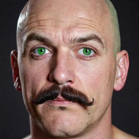 man, bald head, white skin, oval face, mustace, green eyes, tattoo