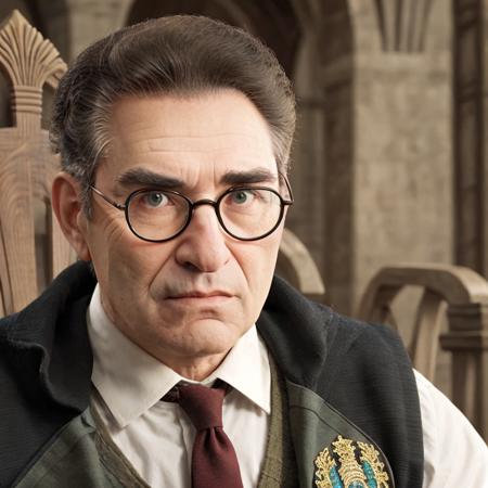 No-body3 wearing thick glasses with big eyes,Best quality, masterpiece, ultra high res, (photorealistic:1.4), a man in Hogwarts uniform ,an emperor, sitting on the dragon throne, detailed skin, cinematic lighting, surprised look on his face, young man