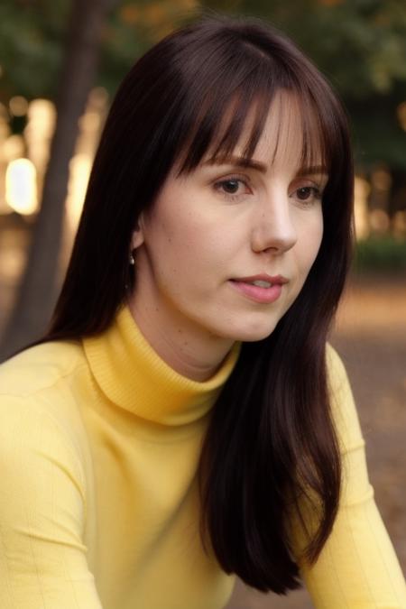 Portrait of beautiful bl4ckb33lili, detailed face, real skin, in a park, (blurred background)+, yellow turtleneck blouse