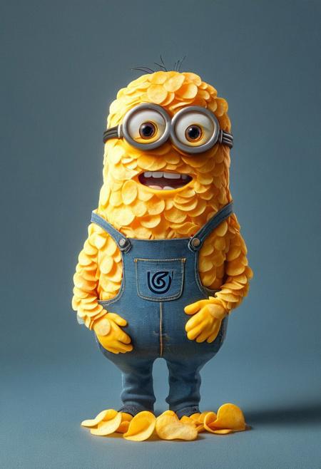 Minion minion(masterpiece, best quality, ultra-detailed), xiaohuangren, glasses, blue denim strap pants, <lora:xiaohuangren_v6-000017:0.8>, minions, (masterpiece, best quality, ultra-detailed),xiaohuangren,goggles,blue denim strap pants,<lora:xiaohuangren_v6-000017:0.8>,minions,revice driver, p1nkch1ps, made out of potato chips,text( "Potato Chips":1.1), A fun party scene with bowls of potato chips and the text "Potato Chips" glowing brightly, minion minion, minion